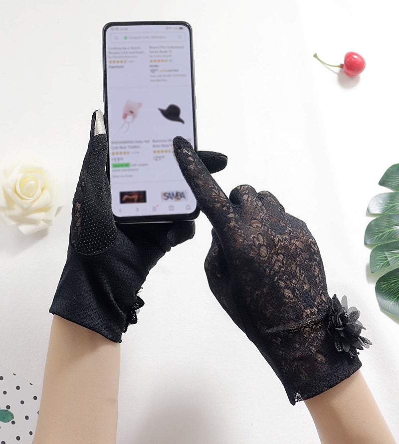 Bienvenu قفازات بيينفنو النسائية الصيفية التي تعمل باللمس وغير المنزلقة، قفازات قصيرة أنيقة من الدانتيل للسيدات، سوداء - Image 2